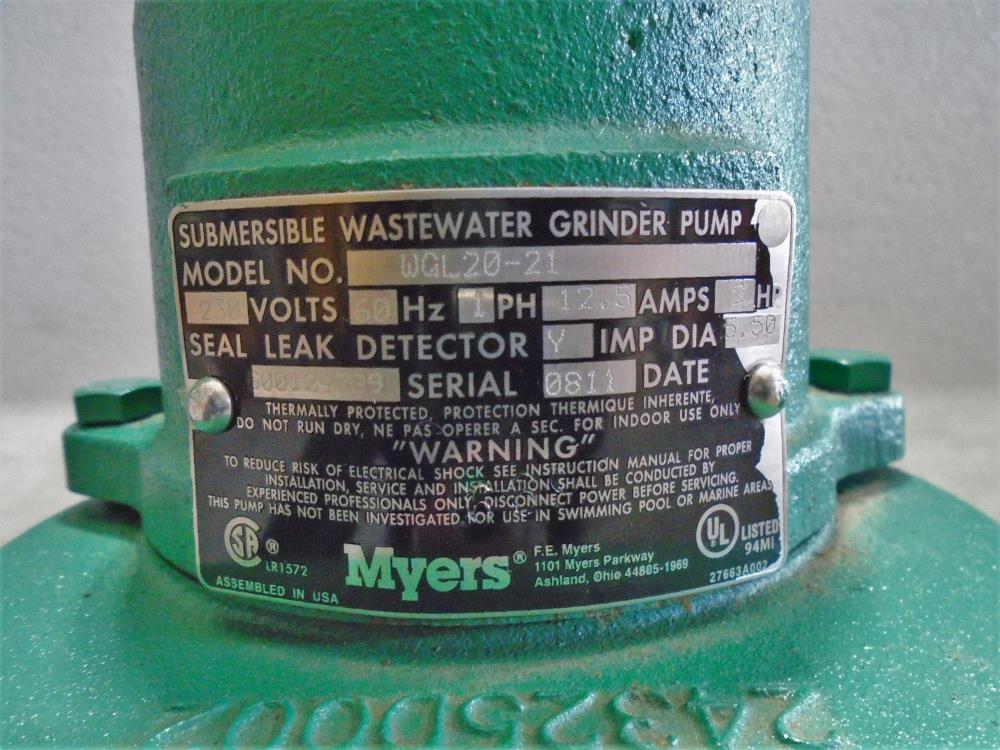 Myers 1-1/4" NPT Submersible Wastewaster Grinder Pump, Cast Iron, WGL20-21